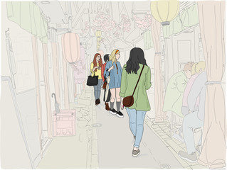 Hand drawn illustration. Young women tourists explore the scenic "Memory Lane," also called "Piss Alley" area, in Shinjuku, known for narrow streets, historic architecture, and tiny bars.