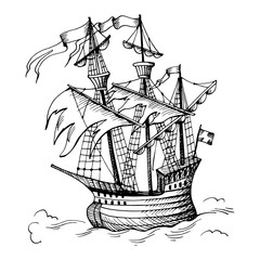 Old caravel, vintage sailboat. Ghost ship. Hand drawn sketch. Detail of the old geographical or fanasy maps of sea.