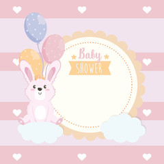 label of cute rabbit animal with balloons and clouds