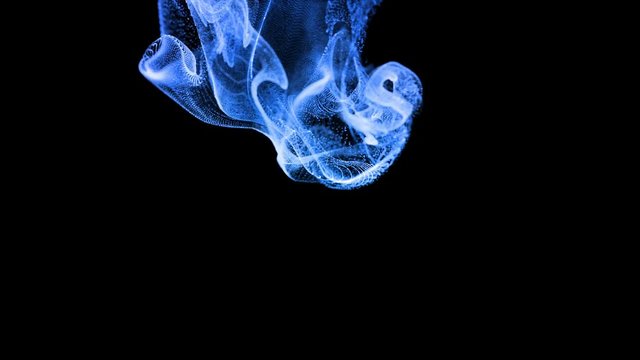 luminous particles fly in liquid, 3d ink effect of advection. Glow particles move in a stream of liquid in slow motion in 4k. Use luma matte as alpha channel to cut particles from background. Blue