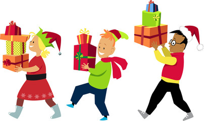 Three kids in Christmas clothing carrying gifts 