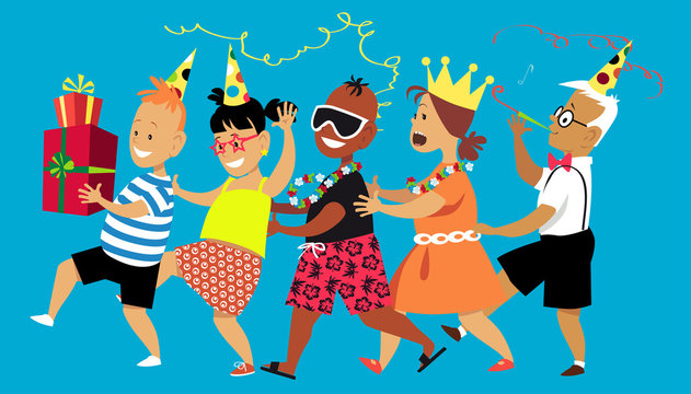 Diverse group of children dancing a conga line, celebrating a birthday, EPS 8 vector illustration