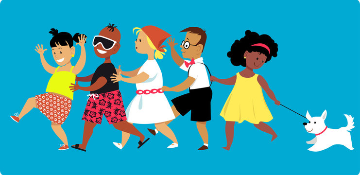 Diverse group of kids dancing a conga line, accompanied by a dog, EPS 8 vector illustration