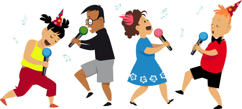 Naklejki Four kids singing at a karaoke party, EPS 8 vector illustration