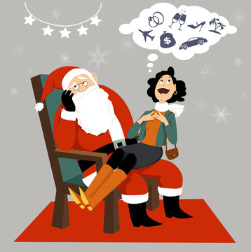 Adult woman sitting on annoyed Santa's laps and expressing her materialistic wishes, EPS 8 vector illustration
