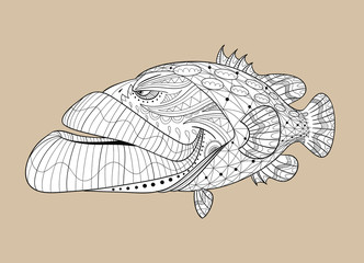 Black and white cartoon grouper for coloring with separate texture and separate background