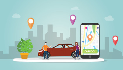carpool car sharing concept technology for people in urban city use gps location track with modern flat style - vector - obrazy, fototapety, plakaty