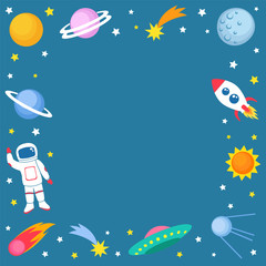 Cute colorful background template with space mars stars planets ufo rockets spaceships satellite and comet on blue background. Vector illustration, frame for kids