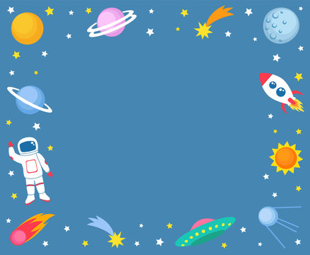 Cute colorful background template with space mars stars planets ufo rockets spaceships satellite and comet on blue background. Vector illustration, frame for kids