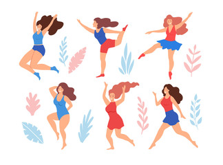 Set of happy plus size women, dancing, smiling, posing, isolated on white background with floral elements, leaves, flowers. Body positive girls. Vector illustration, cartoon flat style.