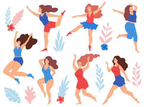 Set of happy plus size women, dancing, smiling, posing, isolated on white background with floral elements, leaves, flowers. Body positive girls. Vector illustration, cartoon flat style.