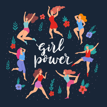 Plus size models and floral elements in circle composition. Body positive girls on black background dancing, smiling, posing. Girl power lettering. Vector illustration in cartoon style