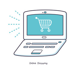 Laptop computer with online shopping cart symbol