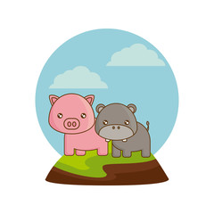 Obraz na płótnie Canvas cute piggy with hippopotamus in landscape natural