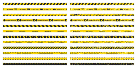 Vector set of 12 seamless warning tapes pairs isolated on white background. Caution, Danger, Under Construction and other tapes with grunge copy. Fully editable file for your projects.