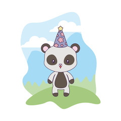 Fototapeta premium panda bear animal with hat party in landscape
