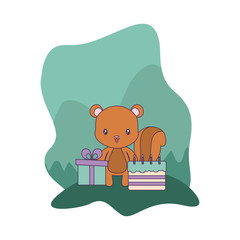 cute chipmunk with cake of birthday and gift box