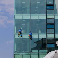  Window washer high office building. Window cleaner 