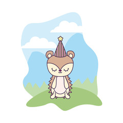 Fototapeta premium cute porcupine animal with hat party in landscape