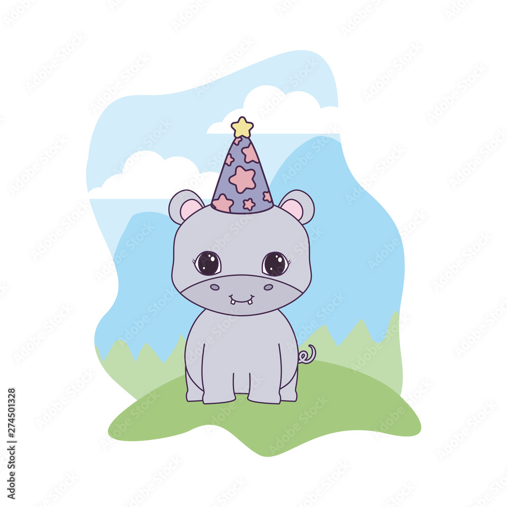 Canvas Prints cute hippopotamus with hat party in landscape