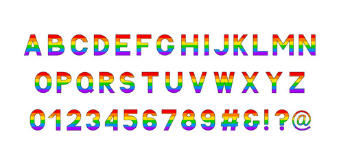 Rainbow vector alphabet. LGBT community typeface. Gay pride sans serif font. Latin uppercase symbols. Colorful letters of English alphabet A-Z and numbers 0-9. Easy to edit template for your designs.