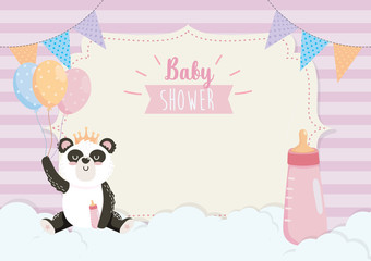 card of cute panda with feeding bottle and balloons