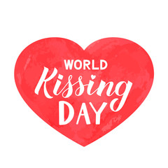 World Kissing day hand lettering on red watercolor heart. Easy to edit template for typography poster, banner, flyer, sticker, badge, t-shot, etc.