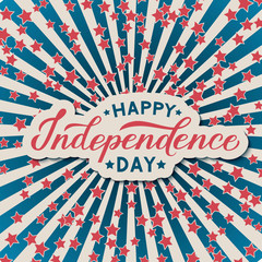 Happy Independence Day calligraphy lettering. 4th of July Retro patriotic background in colors of flag of USA. Easy to edit vector template for logo design, greeting card, banner, flyer.