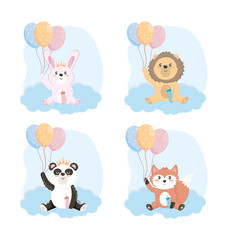Fototapeta premium set of cute animals with feeding bottle and balloons