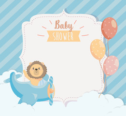 card of cute lion in the cradle with balloons