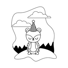 cute porcupine animal with hat party in landscape