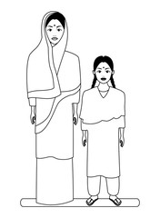 indian family avatar cartoon character in black and white