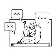 woman seated using laptop computer and speech bubbles