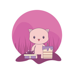 cute piggy with cake of birthday and gift box