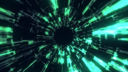 Obraz premium The travel through a blue wormhole filled with star. Warp in science black hole vortex hyperspace tunnel.