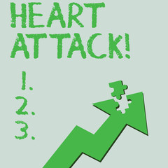 Text sign showing Heart Attack. Business photo text sudden occurrence of coronary thrombosis resulting in death Colorful Arrow Pointing Upward with Detached Part Like Jigsaw Puzzle Piece
