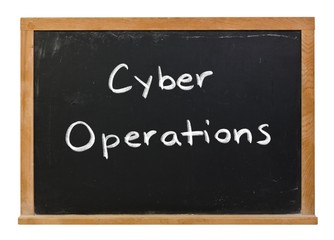 Cyber operations written in white chalk on a black chalkboard isolated on white