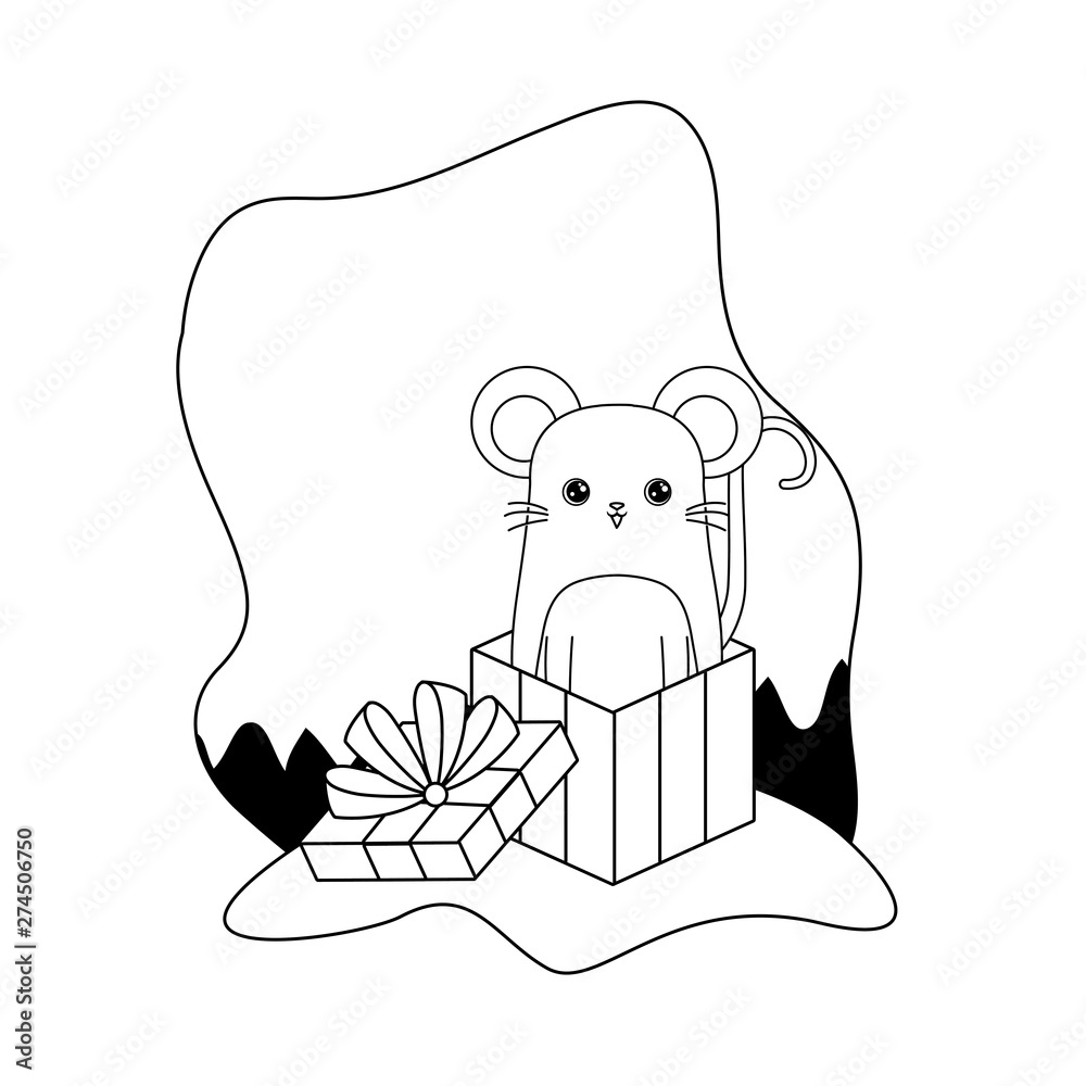 Sticker cute mouse animal in gift box