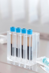 Blood in test tubes. Health care.  Virus vaccine production. Coronavirus (COVID-19).