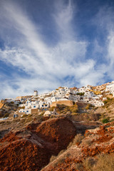 Fototapeta na wymiar beautiful Oia town and caldera from old port Amoudi, Santorini island in Aegean sea, Greece
