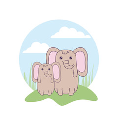cute elephants animals in landscape