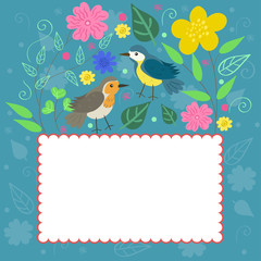 Frame in doodle style with birds and plants. Vector graphics.