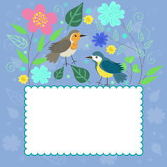 Obraz premium Frame in doodle style with birds and plants. Vector graphics.