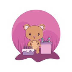 cute bear with cake of birthday and gift box