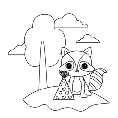 cute raccoon animal with hat party in landscape