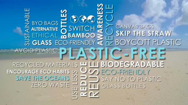 Plastic Free related words animated text word cloud on clean beach background.