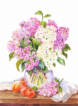 Watercolor bouquet of lilac in vase, and apricots on the wooden table