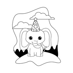 cute elephant animal with hat party in landscape