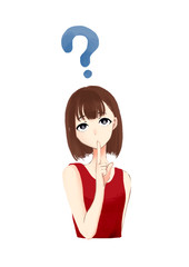 疑問に思う赤い服の女性