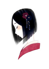 赤い和服の女性の横顔